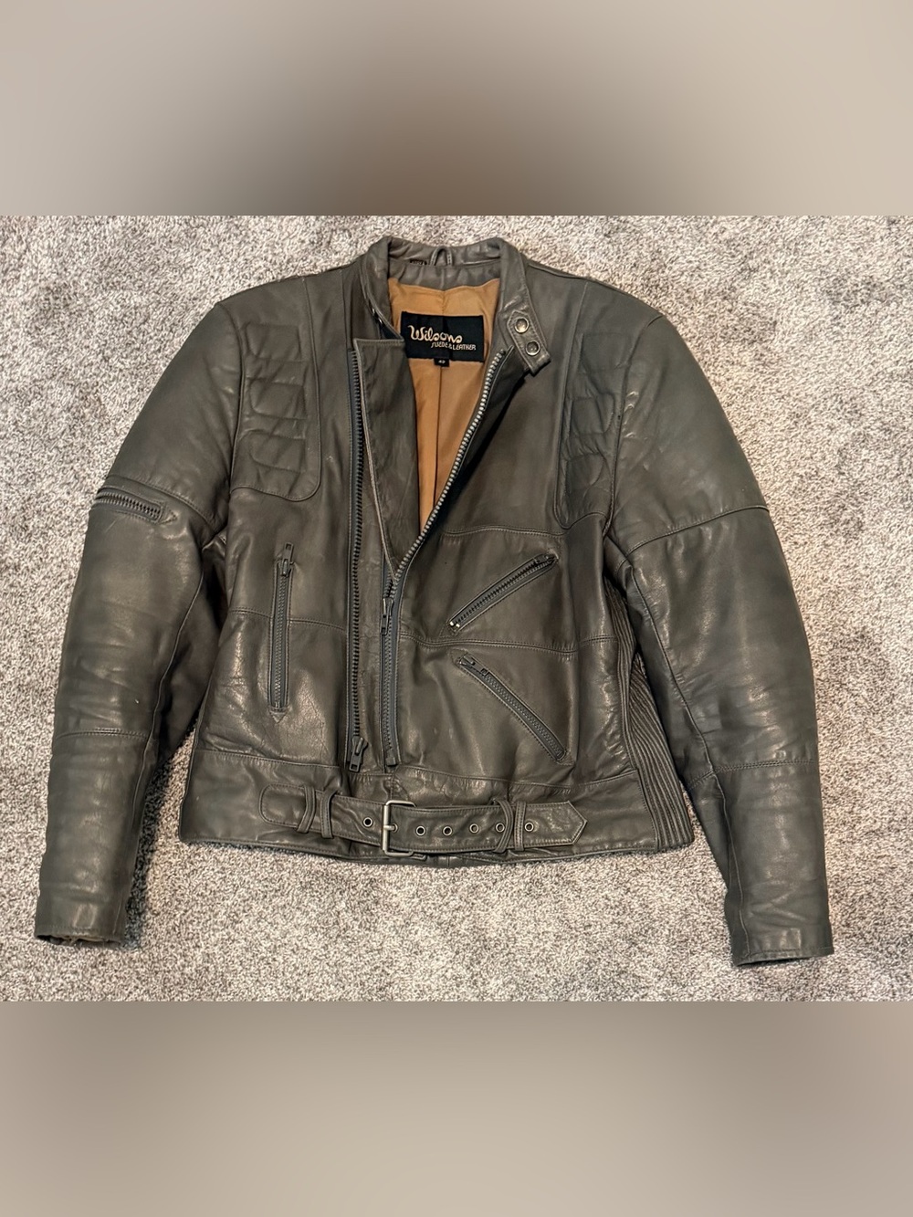 Wilsons Suede & Leather Vintage Motorcycle Jacket Grey Moto Biker Belted Padded